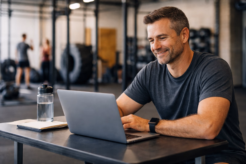 Gym owner working on a laptop in a CrossFit-style gym