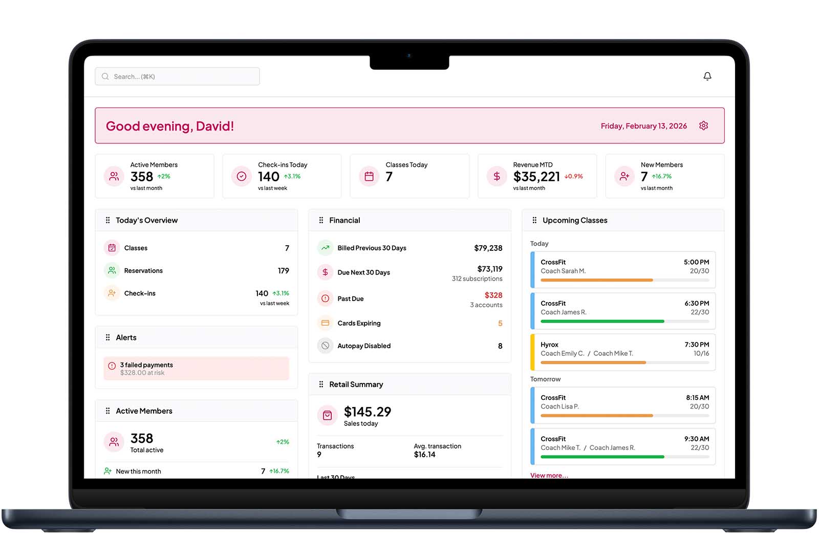 Gym management software dashboard showing revenue, members, and class schedule
