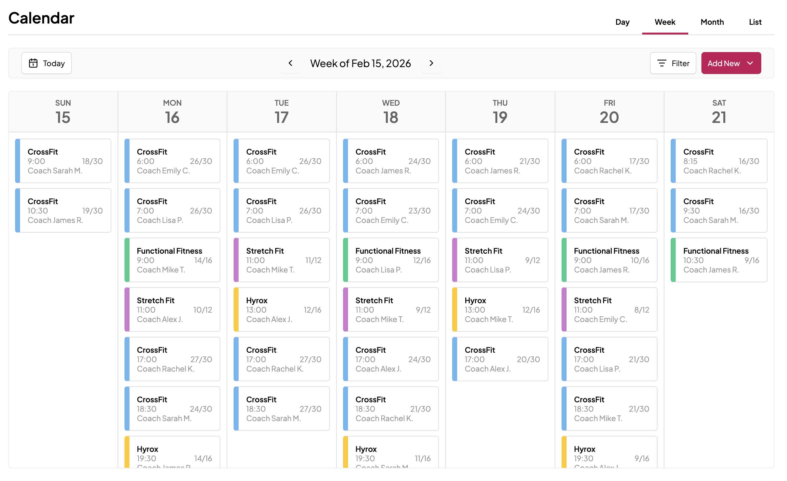 Gym scheduling software calendar with class capacity and waitlist management