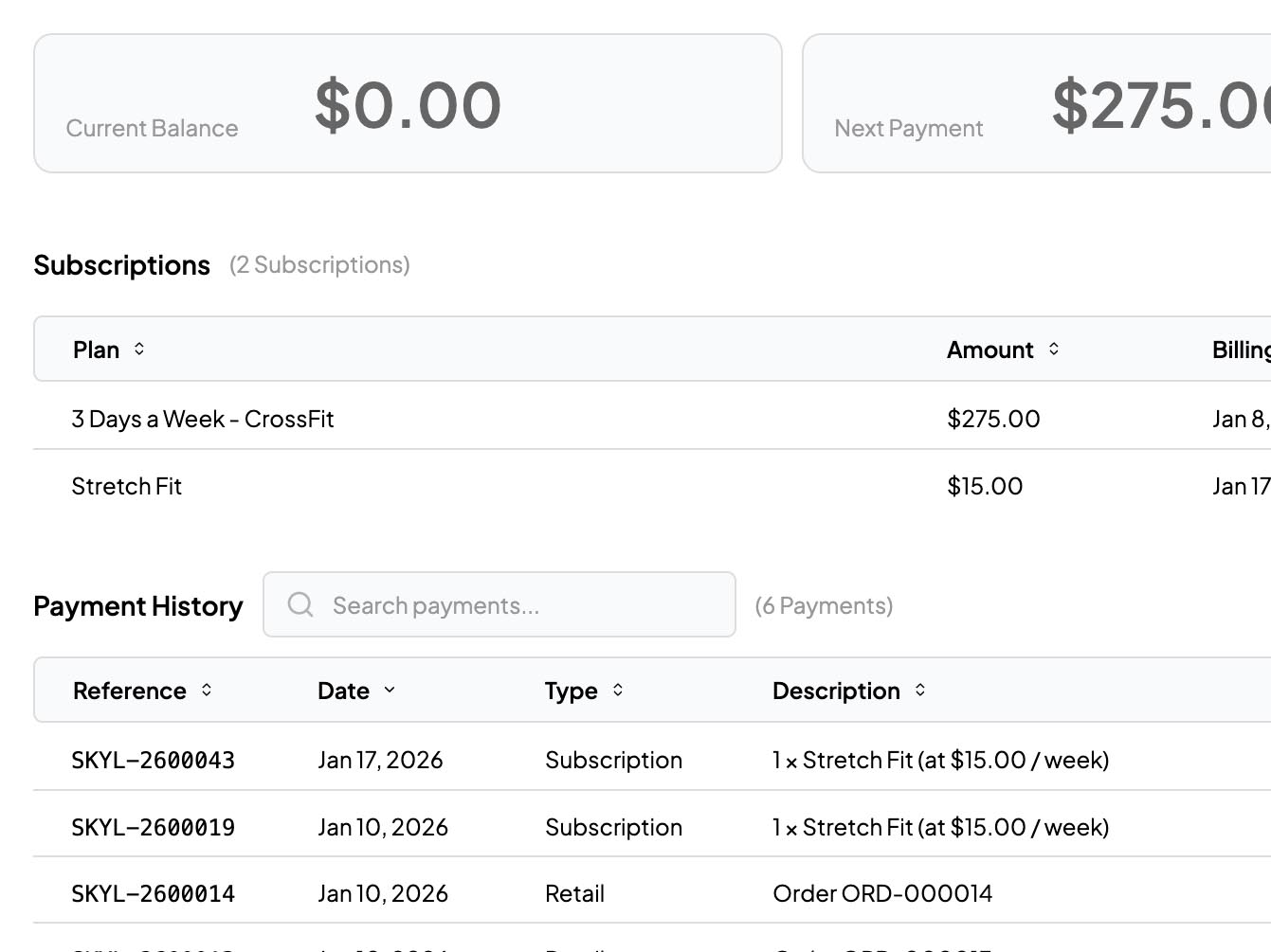 Gym membership management and billing software dashboard