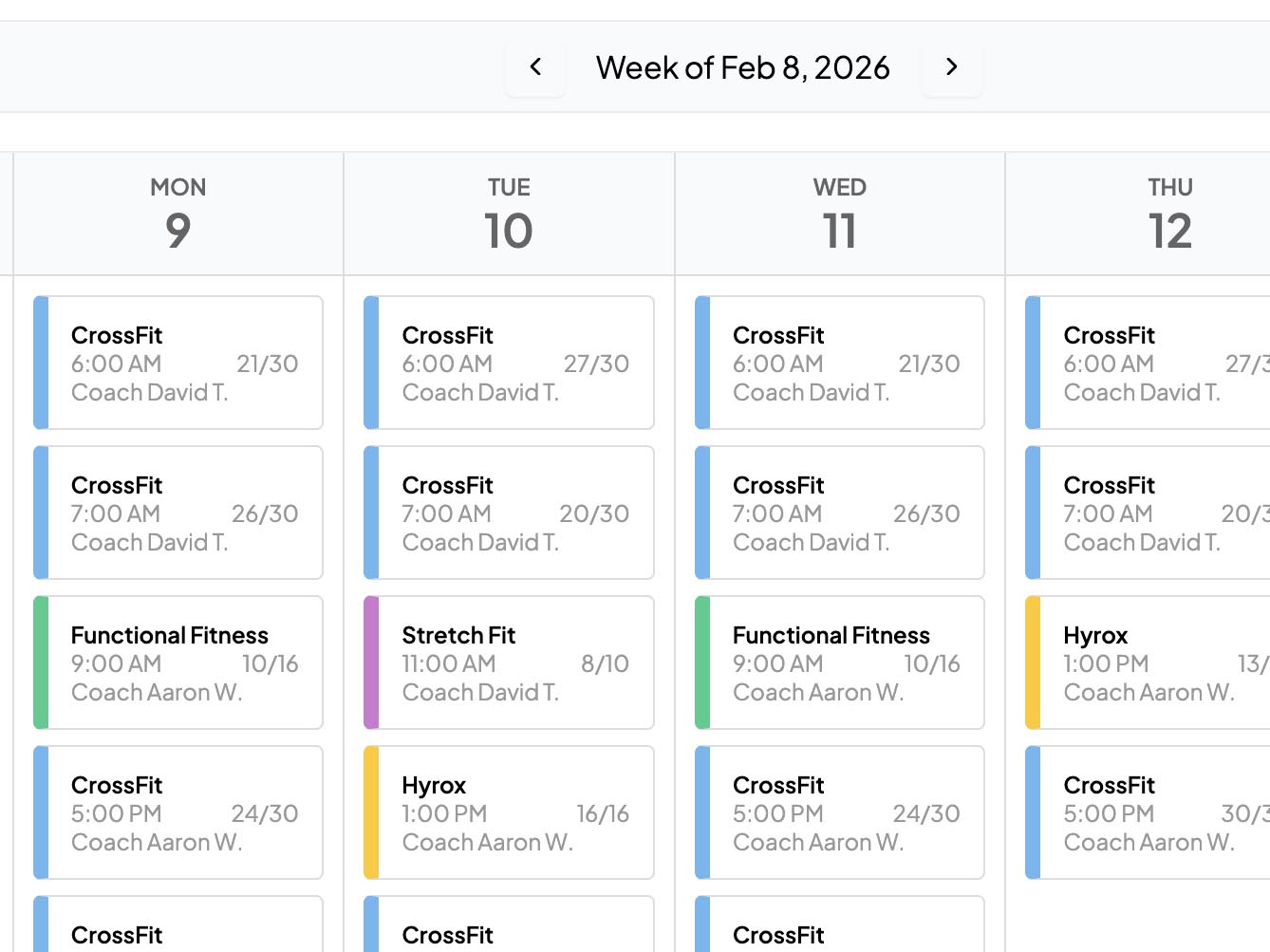 Gym scheduling software calendar and class management view